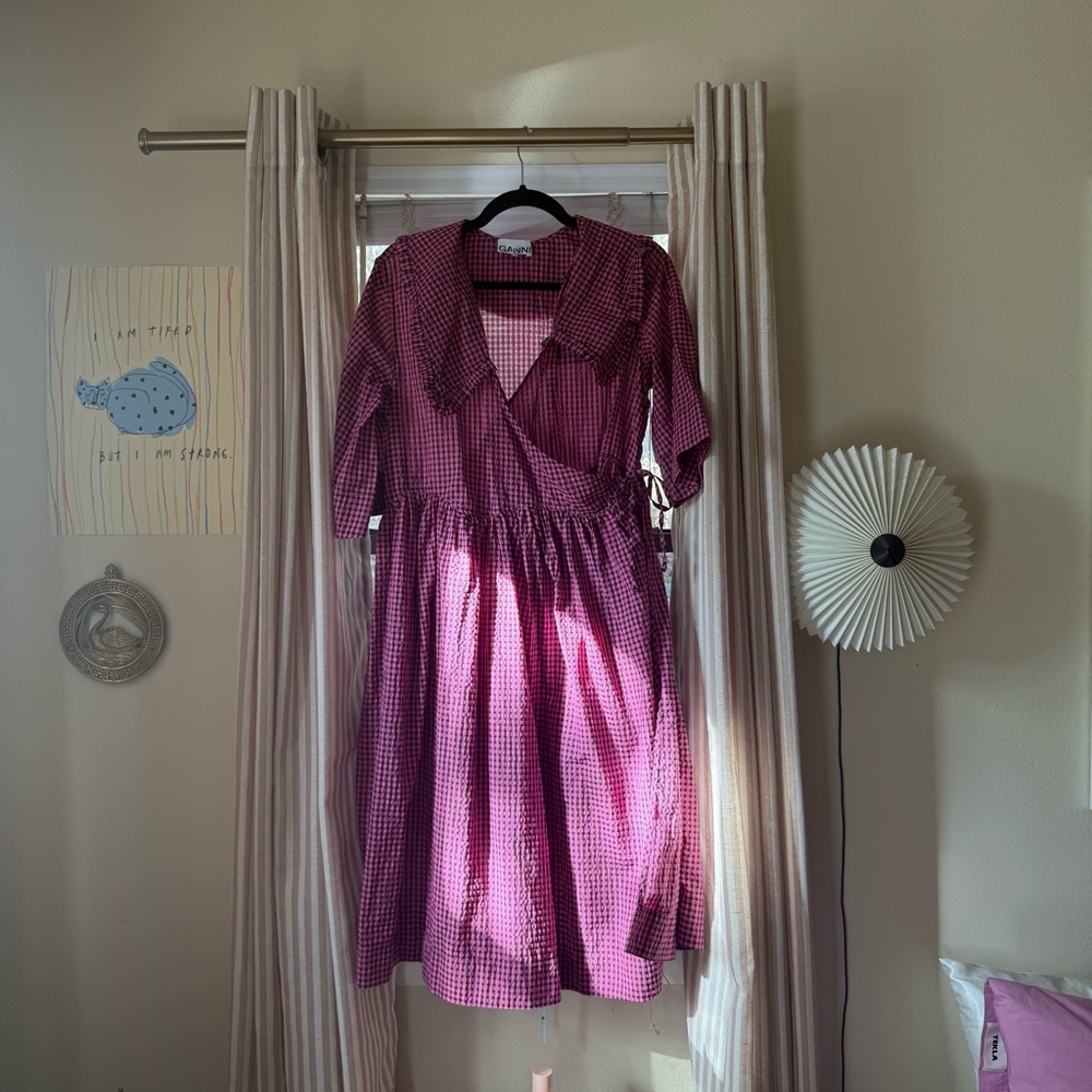 Ganni Collared Pink + Black Gingham Wrap Dress